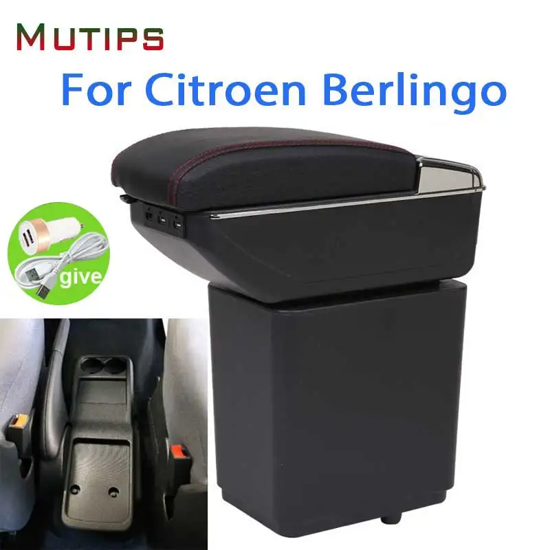 Mutips For Citroen Berlingo 2018 2019 2020 armrest box leather car arm rest center centre console USB charging acccessories auto