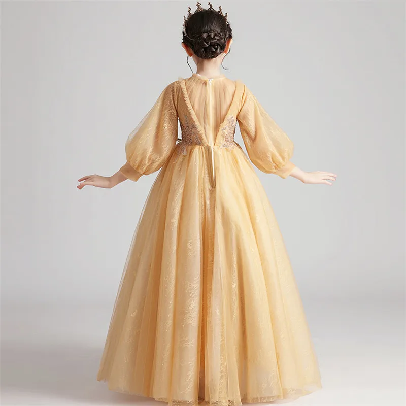 

3~14T Children Girls Luxury Round Collar Long Sleeves Birthday Evening Party Princess Mesh Dress Baby Toddler Host Piano Dress