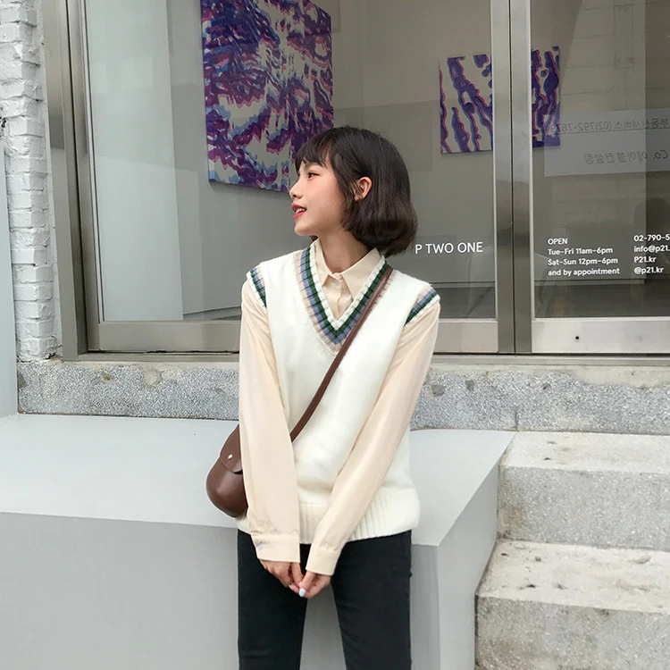 Женский вязаный свитер осень 2019 корейский стиль преппи полосатый v образный