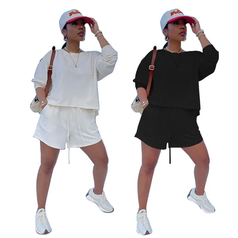 

2021 повседневные однотонные женские осенние шорты с круглым вырезом и высокой талией, спортивные аксессуары, реальные фотографии