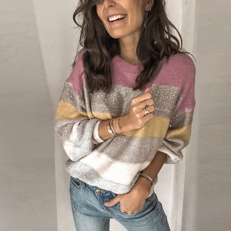

Foridol glitter stripe pullovers female casual sequin pink sweater women autumn winter knited christmas jumper 2021