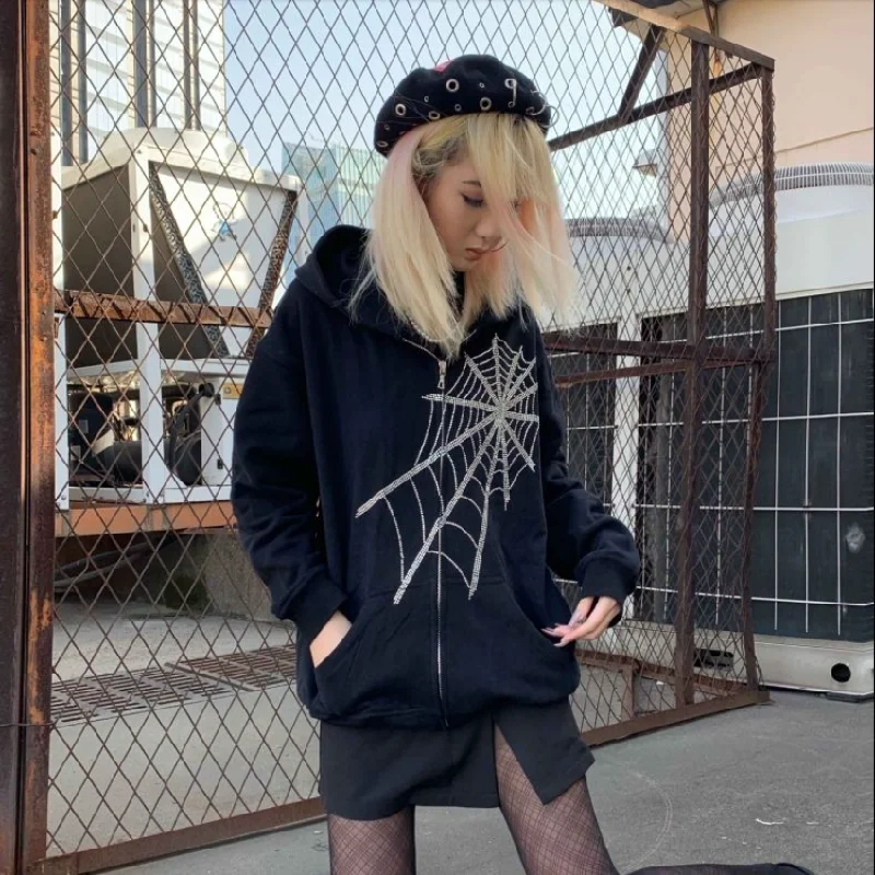 

E-girl Gothic Rhinestone Spider Web Hot Rhinestone Jackets Zipper Hoodies Couple Trend Harajuku Punk Oversized Women's Outerwear