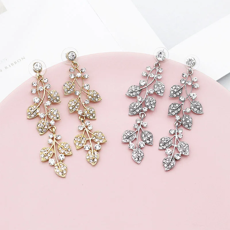 QYY Bridal Beautiful Leaf Design Long Earrings Shining Evening Party Earring For Women Wedding Jewelry | Украшения и аксессуары