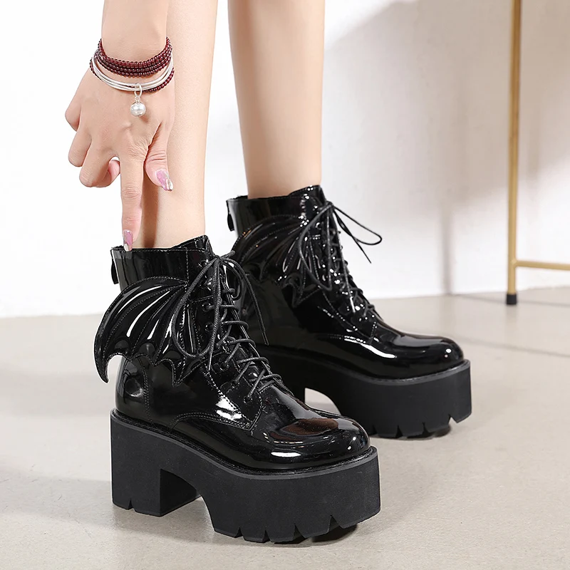 

Size 42 Boots For Women Fashion Black Patent Leather Platform Heels Motorcycle Boots Punk Boots Fall Lace Up Ankle Boots Femme