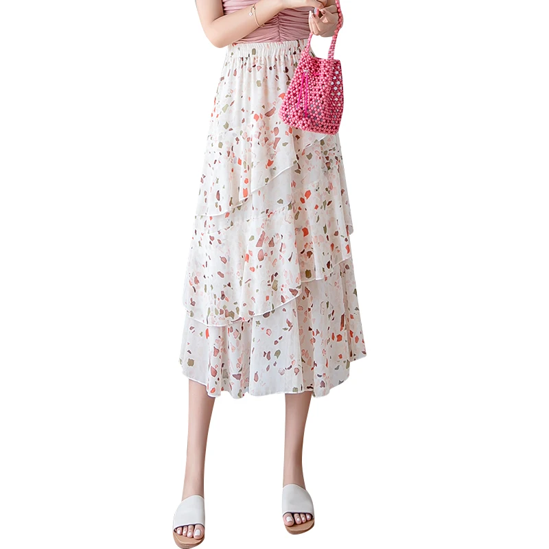 

Korean Fashion 2021 New Spring Summer Women Elastic High Waist Slim Long Skirt Sweet Ruffles Floral Chiffon Cake Skirt