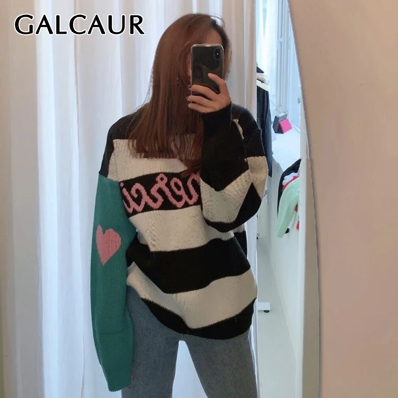 GALCAUR лоскутный полосатый свитер ярких цветов женский круглый вырез фонарь