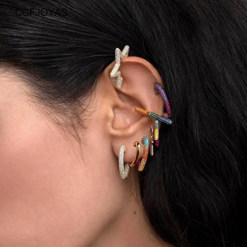 

CCFJOYAS European and American Fashion Five-pointed Star Clip Earrings For Women Colorful Zircon Ear cuff no Piercing Earrings