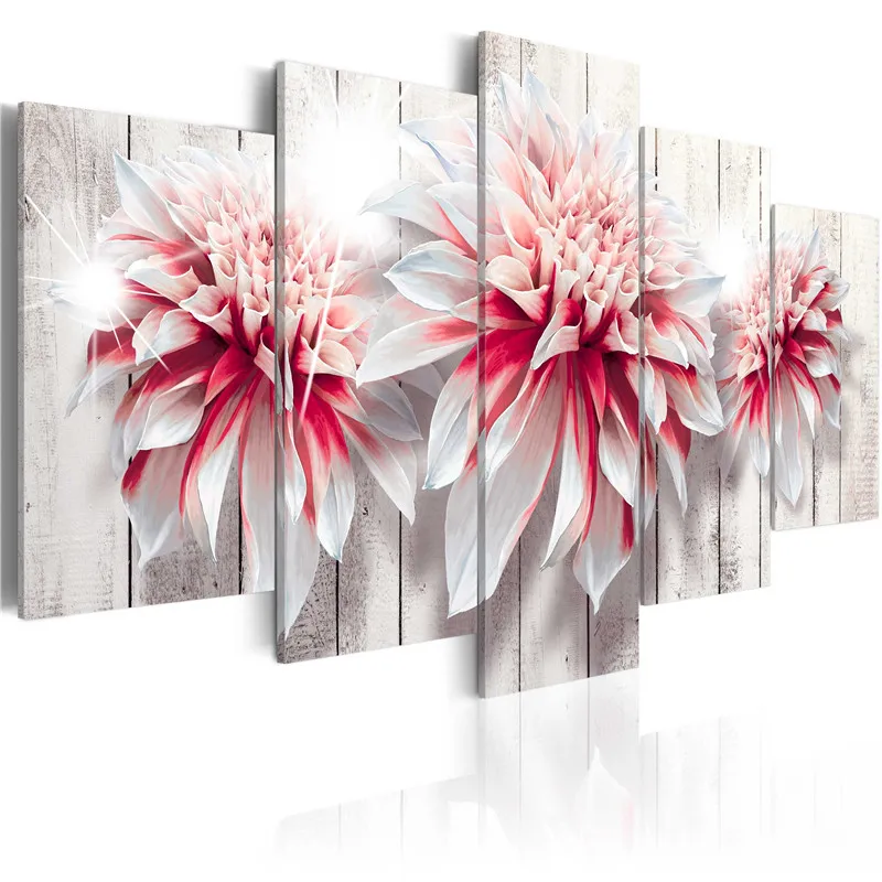 

5 Panels Canvas Painting Poster Divine Dahlias Wooden Color Background Modern Wall Art Printing Picture Living Room Decor