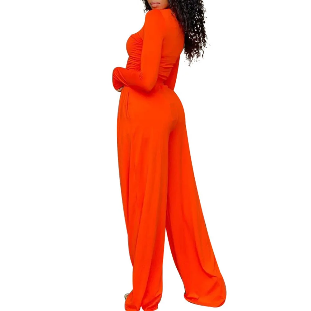 

2021 Summer New Europe America Two Piece Sets Solid Color Oversize African Loose Casual High Waist Round Neck Long Sleeve