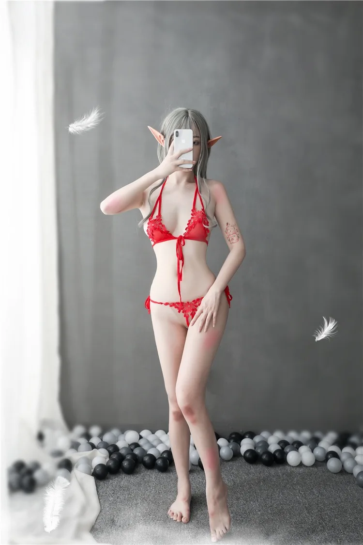 

Sexy lingerie female three-point lace embroidery straps sexy open file breastless passion temptation perspective suit