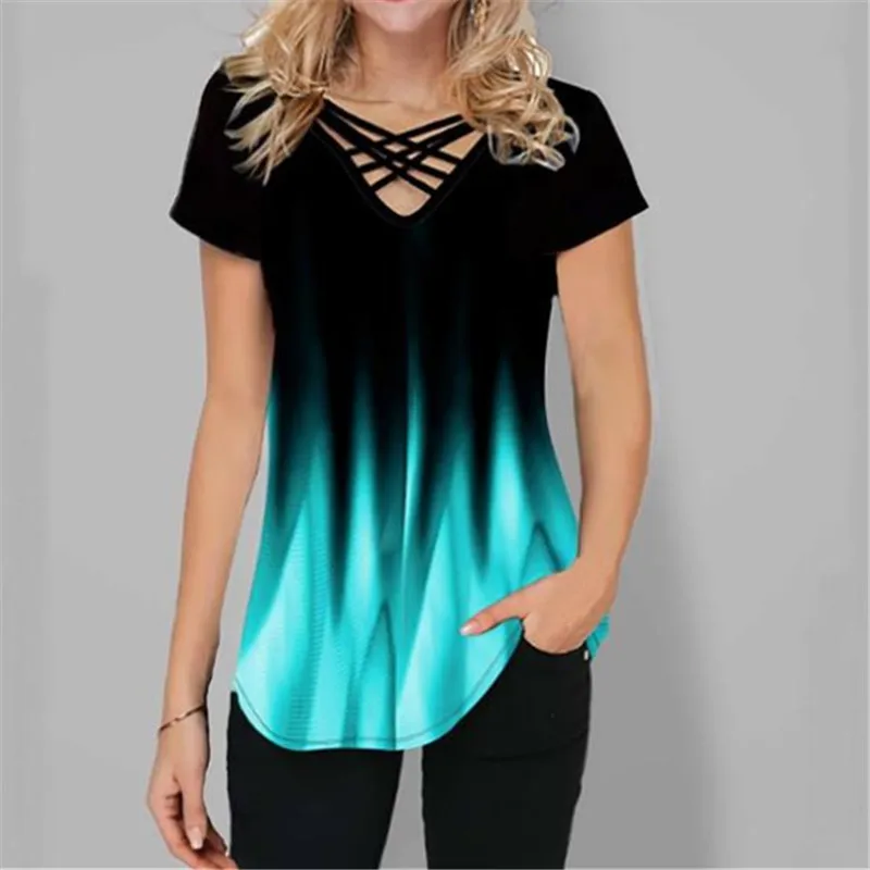 

2021 summer new gradient printing fashion casual short-sleeved v-neck t-shirt