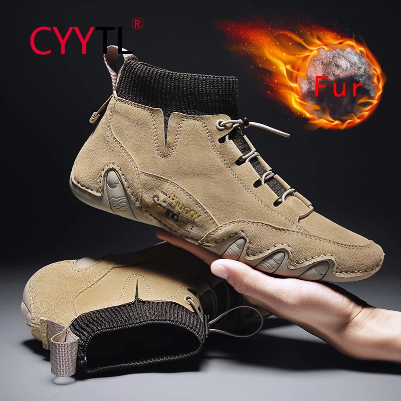 

Мужские повседневные кроссовки CYYTL с высоким верхом и меховой подкладкой, кожаные зимние ботильоны для вождения, спортивные уличные теплые ...