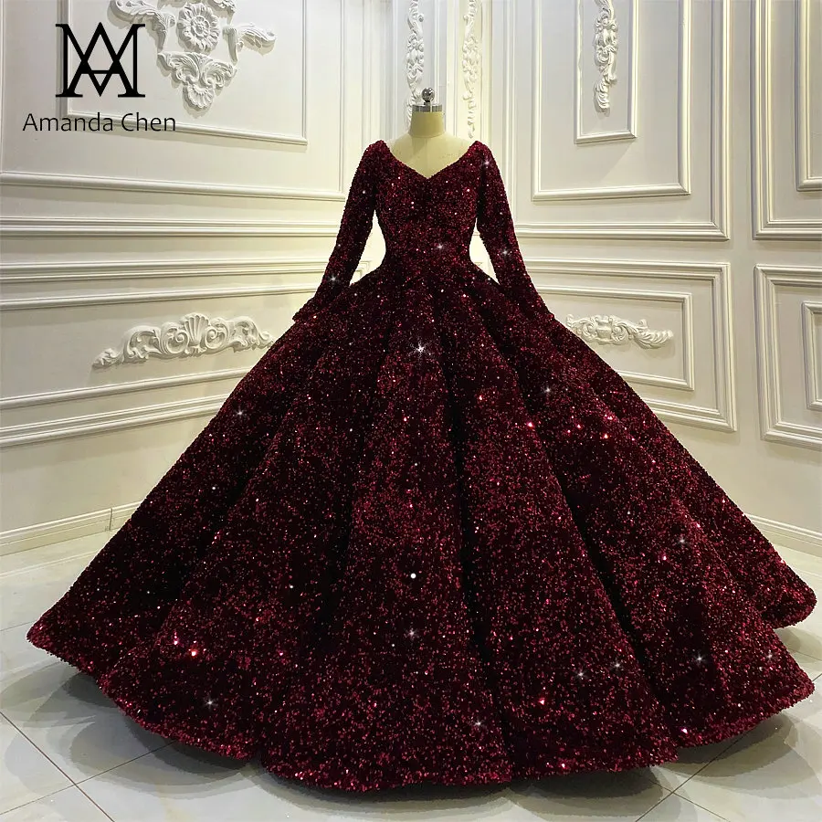 Роскошное блестящее винно красное платье с длинным рукавом|Свадебные платья| |