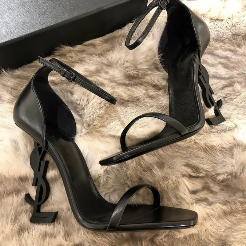 

New Y style classic brand pointed high-heeled sandals with leather 8-10 cm letter heel women's wedding shoes patent leather