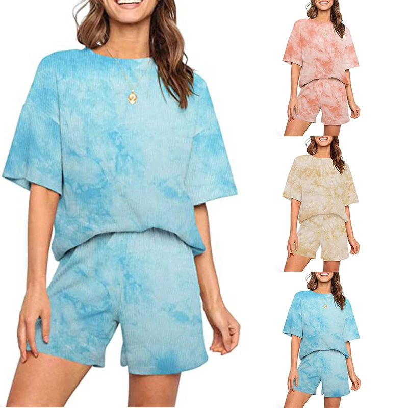 

Summer Women Pajamas Sleepwear Sets Fashion Home Sports Tie-Dye Round Neck Pyjamas Shorts Pijama Mujer Loungewear Homewear Suit