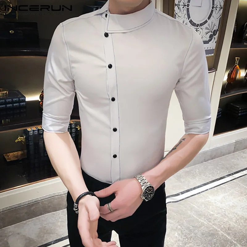 

2021 модные мужские рубашки для мальчиков с коротким рукавом и асимметричным вырезом Camisa Человек с однотонными пуговицами сорочка INCERUN для от...