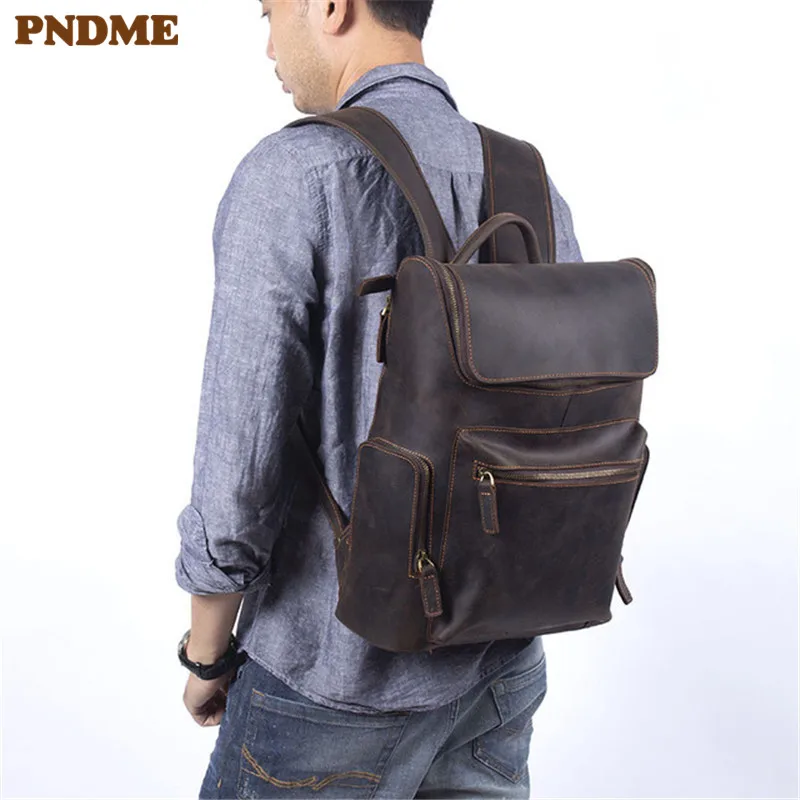 

Мужской Дорожный рюкзак PNDME из воловьей кожи crazy horse, повседневный винтажный роскошный коричневый рюкзак ручной работы из натуральной кожи д...