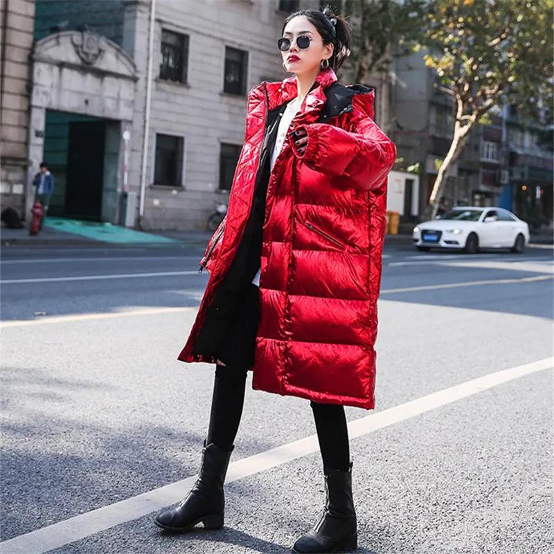 Женская Блестящая парка на молнии красная длинная свободная с капюшоном толстая