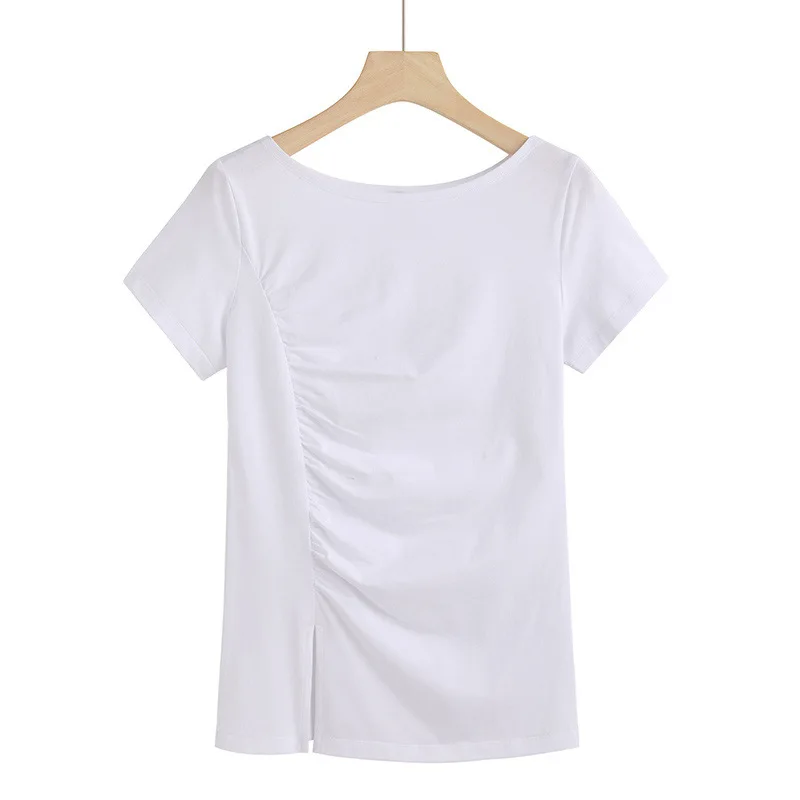 

IZEVUS Summer Slim Solid Women Sexy Slash Neck Tops Gothic Vent Shirt Elegant Temperament Fold Ladies Blouse Clothes