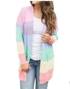 pink striped Осень, женское разноцветное Полосатое ДРАПИРОВАННОЕ кимоно, Свободный кардиган, пэчворк, длинный рукав, открытая передняя часть, Повседневные вязаные свитера, пальто - Цвет: pink striped
