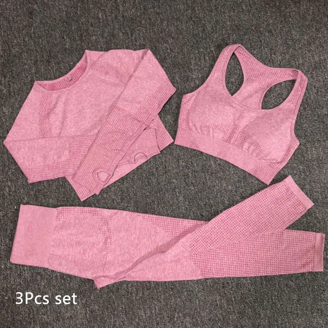 Pink 3Pcs set Комплект для йоги из 3 предметов, бесшовные леггинсы+ спортивный бюстгальтер+ укороченный топ с длинными рукавами, женская одежда для зала и бега, спортивный костюм для фитнеса с высокой талией - Цвет: Pink 3Pcs set