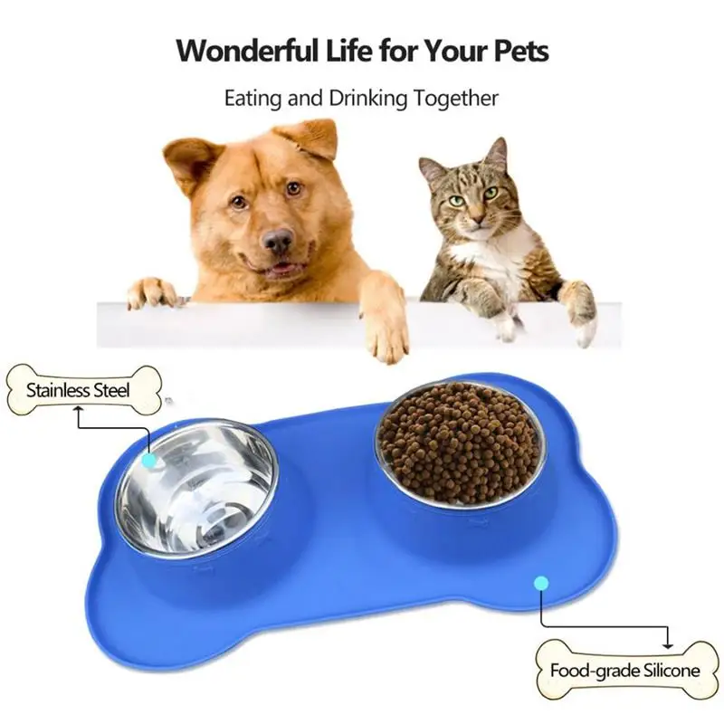 Stainless Steel Double Dog Bowl Travel Feeding Water Non-Skid Silicone Mat For Pet Cat Puppy Food Dish | Дом и сад