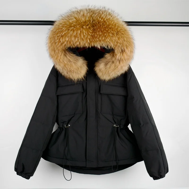 Women's Winter Coat Duck Down Natural Raccoon Fur Hooded Jacket Belt Women 90% Waterproof Snow Coat