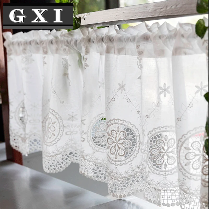 

GXI White Half Curtain Willow Leaf Water Soluble Lace Coffee Tulle Pure for Bar Kitchen Cabinet Door Short Valance Sheer DL055-C