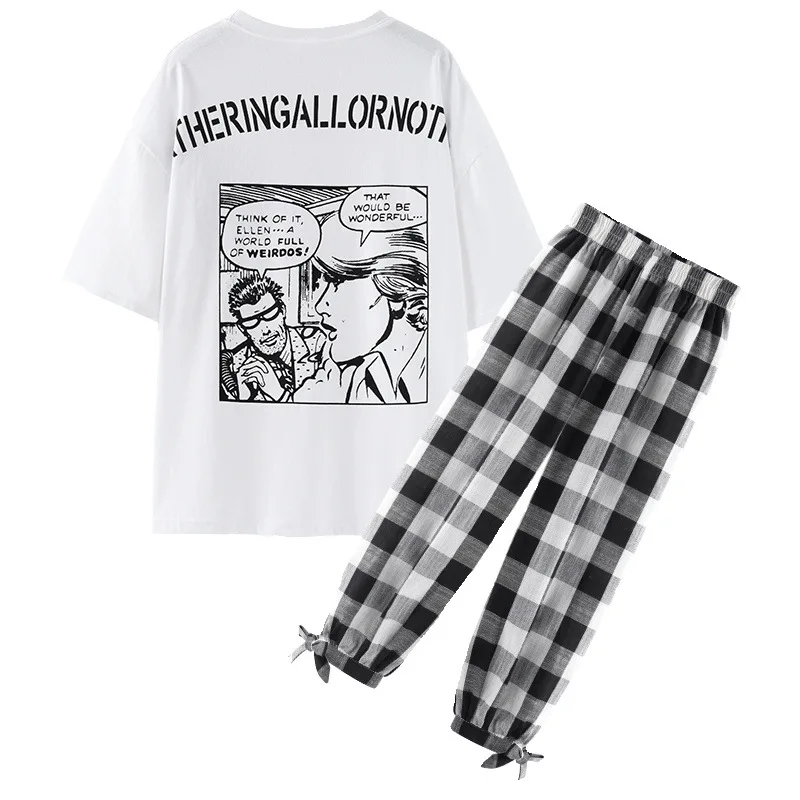 Женский комплект из 2 предметов летняя белая футболка с принтом + клетчатые штаны