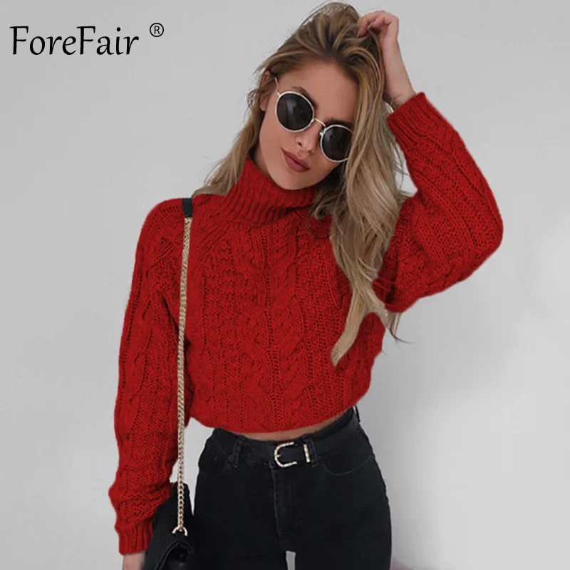 Forefair, водолазка, вязаный короткий свитер для женщин, зима, длинный рукав, короткий пуловер, осень, однотонный, тонкий, Повседневный, женский джемпер