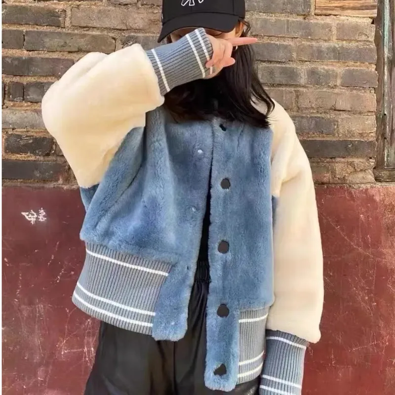 Женское бейсбольное пальто Y2K синего цвета с искусственным Плюшевым Мехом