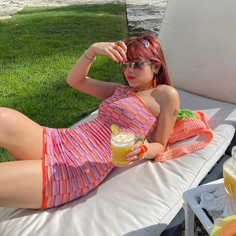 

2021 Summer New Women's Clothing Fashion Oblique Shoulder Contrast Color Wool Sexy Hip Skirt