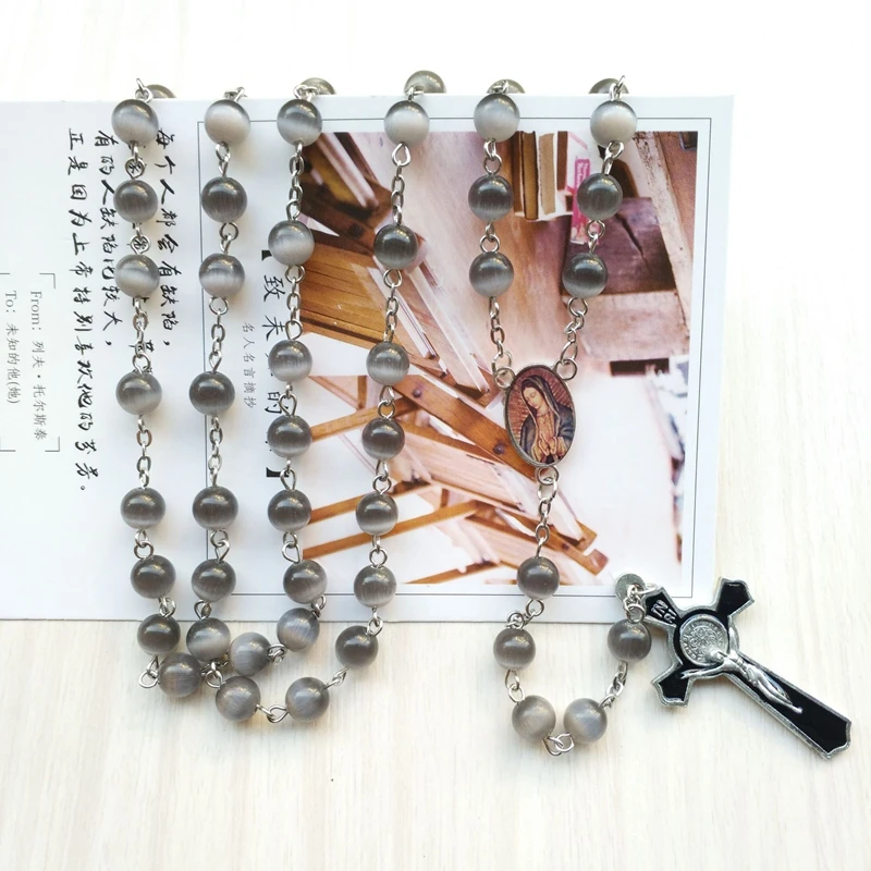 Винтажное эмалированное ожерелье QIGO с крестом католическое черными опалами