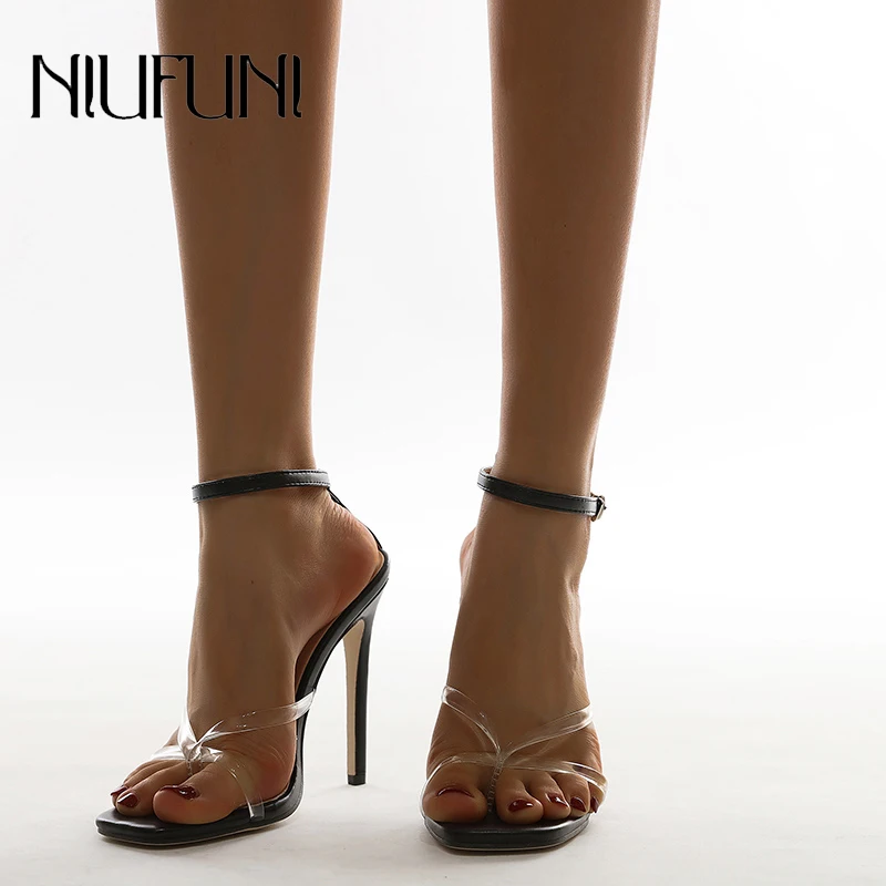 

Transparent PVC Flip-Flops Women's Sandals Stiletto Heels Solid Color Hasp Square Toe Sandals Open Toes Sexy Black Women's Shoes