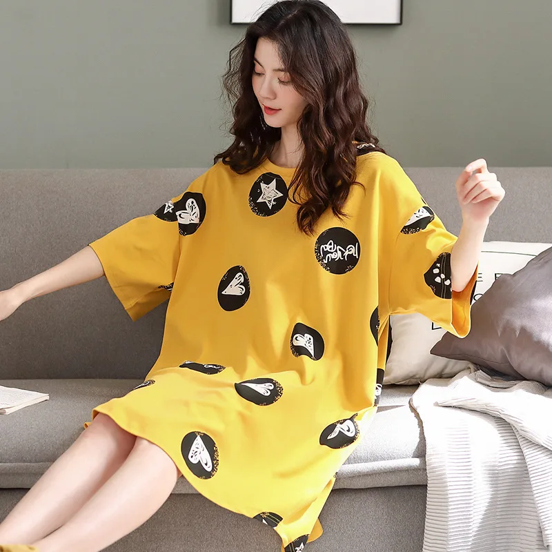 

women sleepwear cotton nightdress pajamas women summer short-sleeved dress cute loose thin home clothes sleepwear women