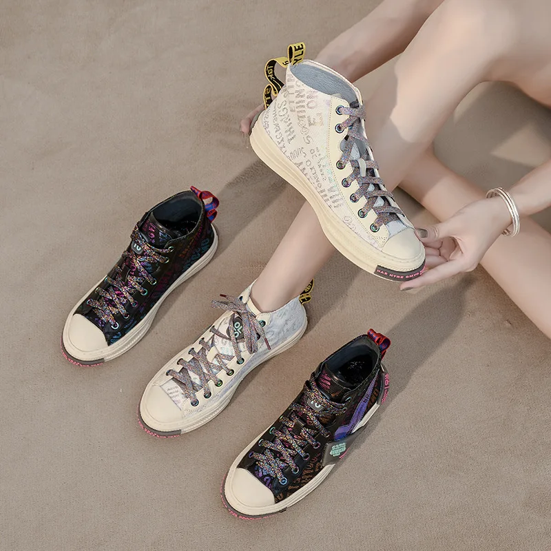 

Genuine leather high-top canvas womens shoes spring new reflective colorful all-match increased white shoes sports women's shoes