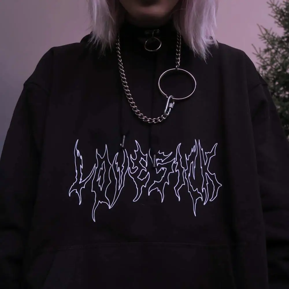 

Women Loose Streetwear Black Sweatshirt Knitted Hoodies Gothic Punk Print Pullover Fashion Moletom Long Hooded Woman Top Clothes