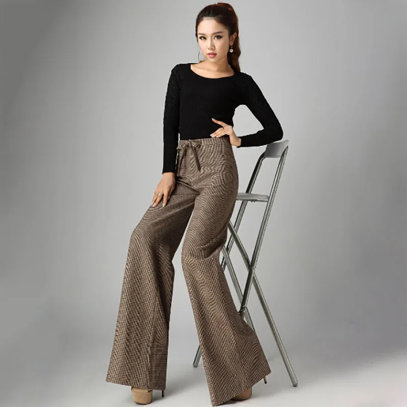 Unique Design Women 2018 Spring Autumn Wide Leg Pants Casual Woolen Trousers Houndstooth Straight Loose Long Pants High Waist OL