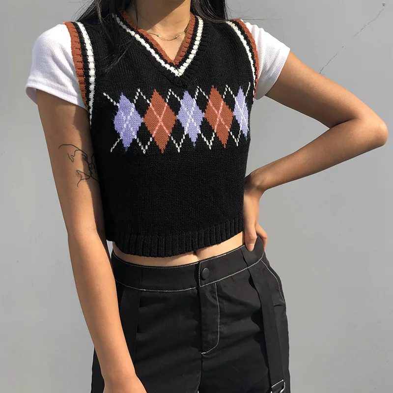 

Spring Autumn Women V Neck Vintage Argyle Sweater Vest Girl Sleeveless Plaid Knitted Crop Tops Casual Preppy Jumpers 3 Colors