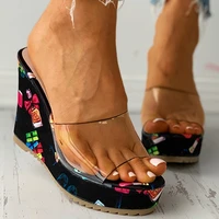 women wedges slippers high heels platform casual ladies slides summer retro transparent floral thick sole slippers ethnic style