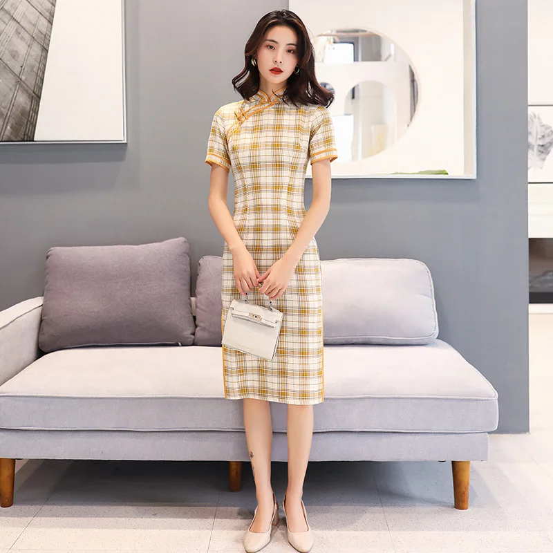 Китайское платье Чонсам в клетку для молодых женщин и девушек | Тематическая