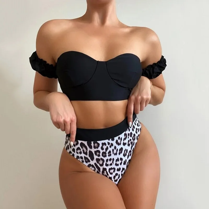 

2020 Sexy Black Off Shoulder Bra cup Swimsuit High Waist Bikini Women Swimwear Leopard Bikini set Push up Bather Bathing Suit