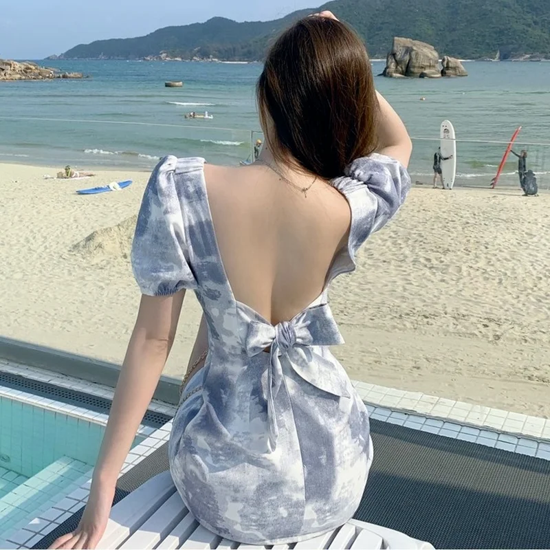 

Korean Elegant Print Mini Dress Women Sexy Style V-neck Backless Party Night Dress Bow Chic Short Sleeve Beach Summer Dress 2021