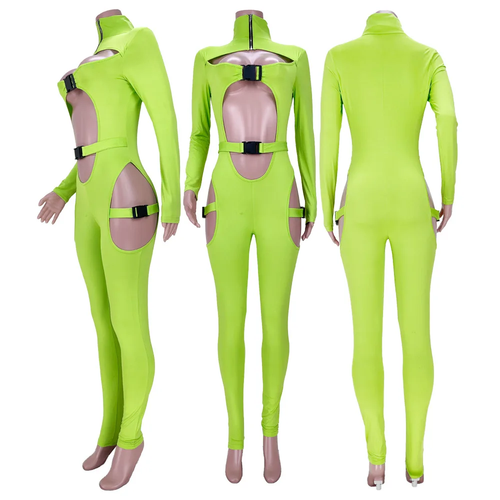 Женский спортивный комбинезон на молнии неоновый с воротником-стойкой и