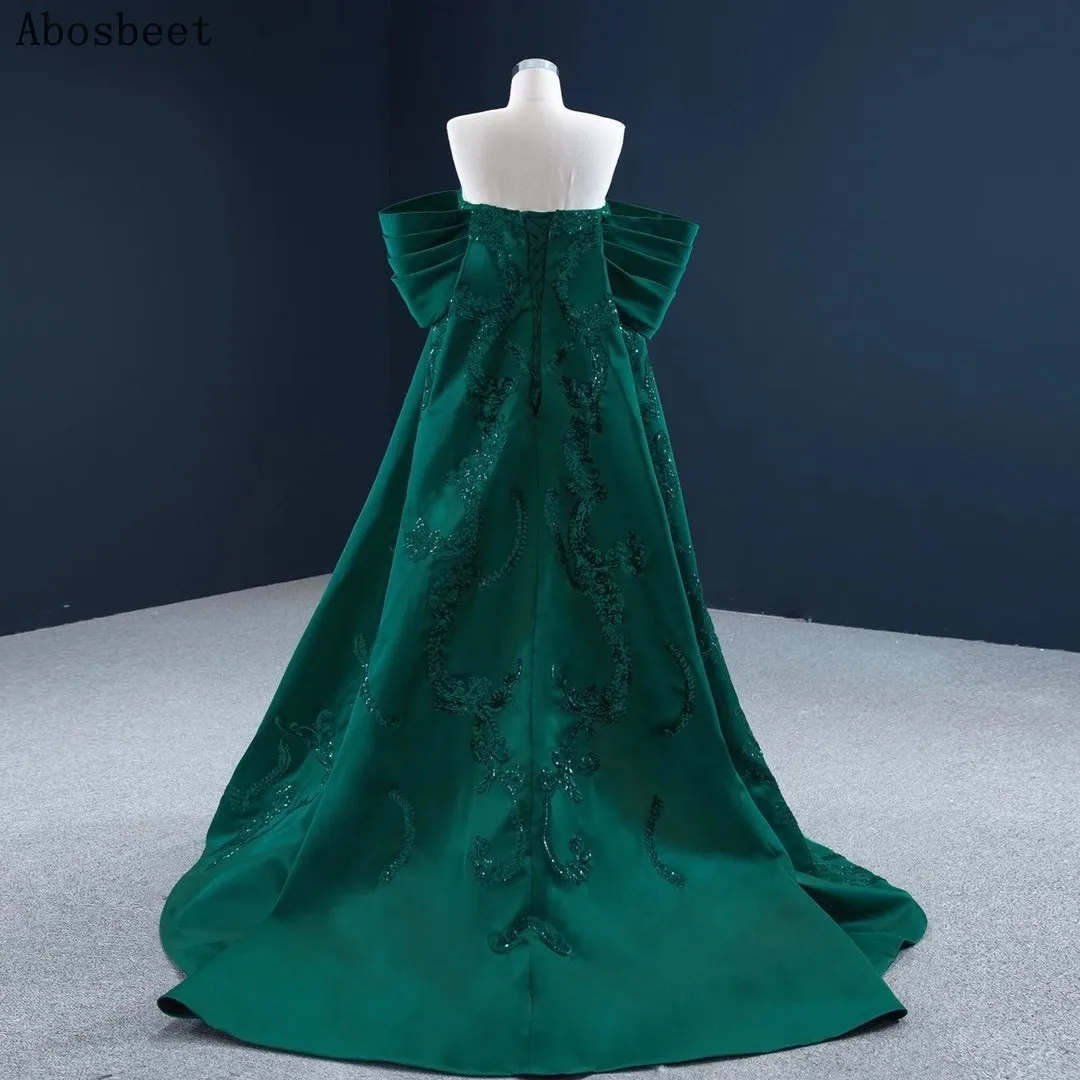 Green Satin A Line Evening Dress Off Shoulder Embroidery Lace with Beading Elegant Prom Party Gown Small Train Shining Sequins
