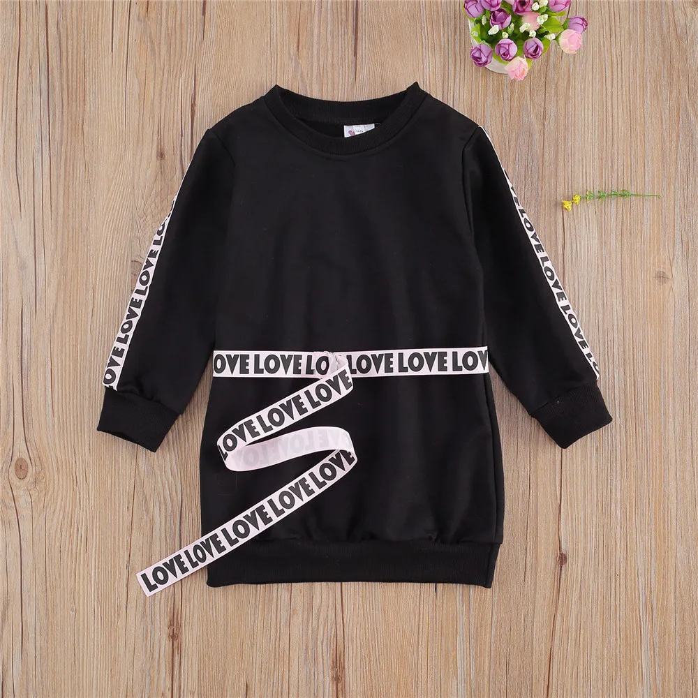 

2020 1-6Y Fashion Kids Girls Sweatshirt Dress Solid Color Long LOVE Letter Striped Print Sleeve One-piece Short Dress with Belt