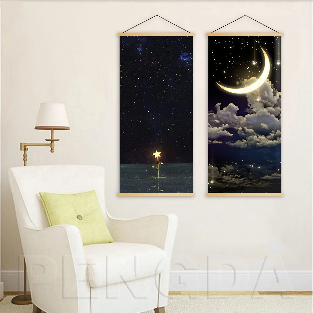 Home Decor Canvas Wall Artwork Hanging Painting Moon and Star Nightscape Modern Poster Printed Scroll For Living Room | Дом и сад