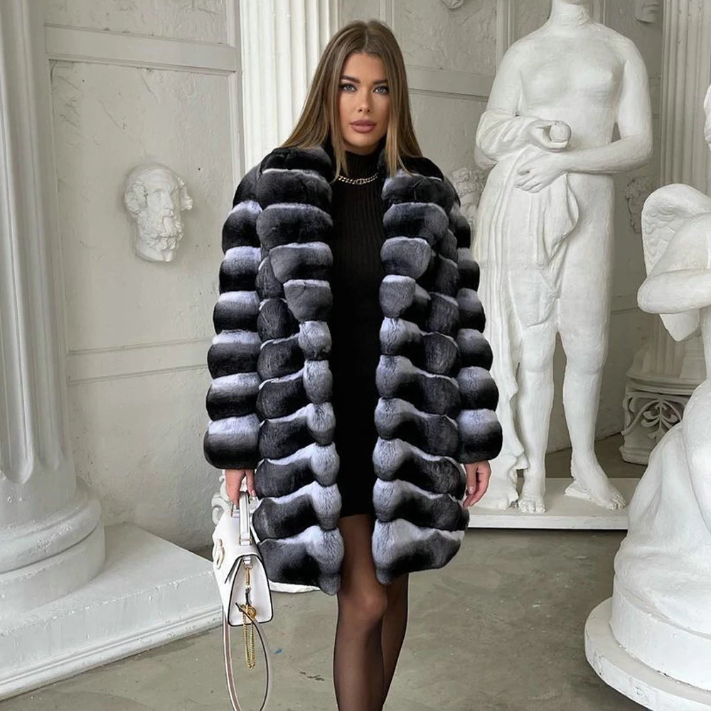 Long Real Rex Rabbit Fur Coat for Women Winter Overcoats Fashion Genuine Rex Rabbit Fur Coats with Turn-down Collar Fur Outwear enlarge