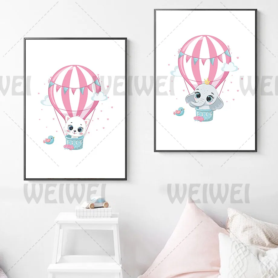 

Hot Air Balloon Cartoon Small Animal Home Decoration Painting Baby Elephant Unicorn Fox Koala Children Bedroom Canvas Poster Art