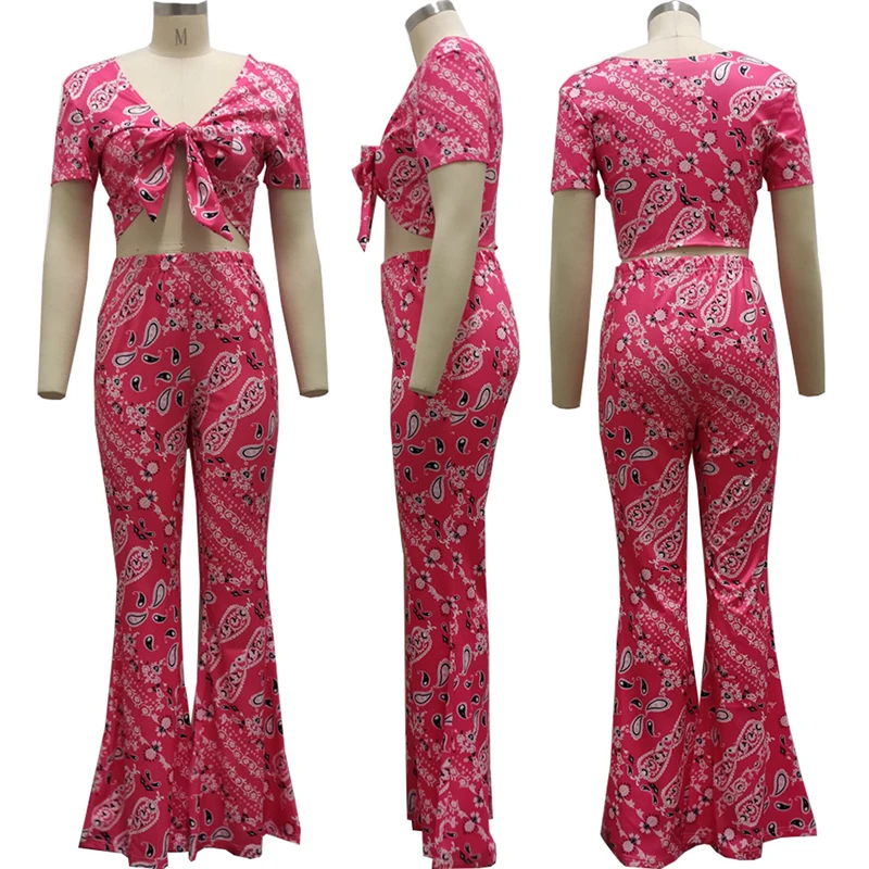 

Adogirl Bandanna Paisley Print Women Casual Two Piece Set Short Sleeve Tie Blouse Crop Top High Waist Flare Pants Suit